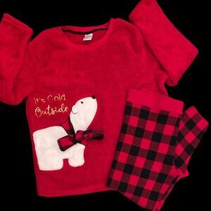 2 Piece Set-Size X-Large Long Sleeve Plush Polar Bear Top and Buffalo Check Pant